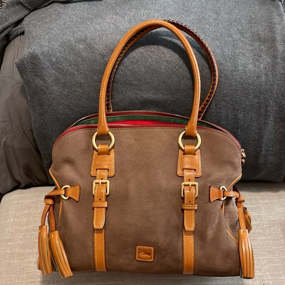 Dooney & Bourke Satchel Taupe Color Large Domed Structure Buckle Tassel Accents - Picture 9 of 15